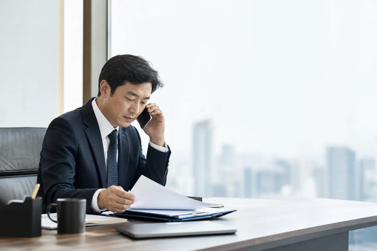 변호사 비용 상담 전화를 받는 모습